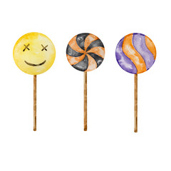 Watercolor Halloween set of colorful lollipops