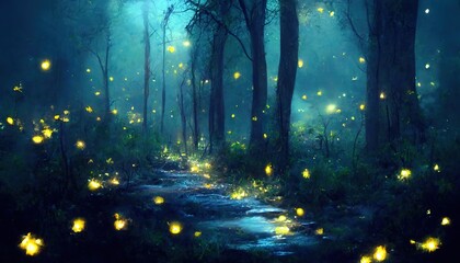 Beautiful scenery. Fireflies, night forest landscape. Tall trees, grass, yellow lights. Digital painting. 3D illustration. 3d rendering.