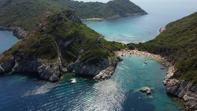 Aerial of Porto Timoni secluded rocky beach on Corfu Greece