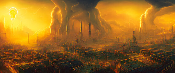 Artistic concept painting of a city pollution and climate change  , background illustration.