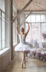 a professional ballerina in a white tutu is dancing in a room with large windows