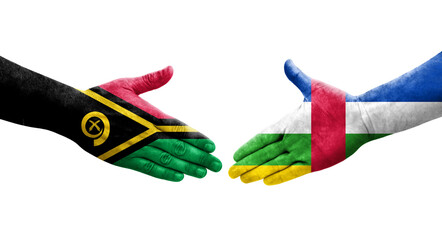 Handshake between Central African Republic and Vanuatu flags painted on hands, isolated transparent image.