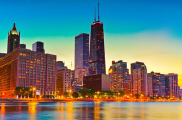 Fototapeta na wymiar View of Chicago skyline from the shore of Lake Michigan at dusk.