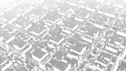 クリスタル素材で作られたキューブ状のオブジェクトの整然とした配列。光り輝く未来的で抽象的な空間を形作る情報構造をイメージ化した3Dレンダリングイラスト