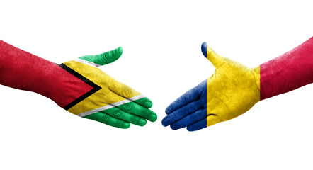 Handshake between Chad and Guyana flags painted on hands, isolated transparent image.