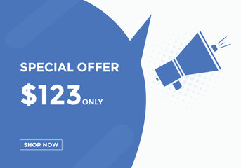$123 USD Dollar Month sale promotion Banner. Special offer, 123 dollar month price tag, shop now button. Business or shopping promotion marketing concept
