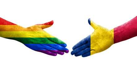 Handshake between Chad and LGBT flags painted on hands, isolated transparent image.