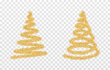 Vector Christmas tinsel. Gold tinsel png, gold garland png, decor element. Tinsel in the shape of a Christmas tree. Christmas holiday.