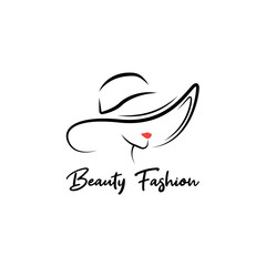 Beautiful silhouette outline female head in hat. Stylish logo of girl with red lips. Fashion lady icon