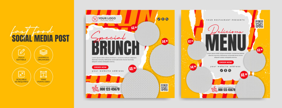 Fast food business marketing social media banner post template. Restaurant pizza and american burger online advertisement poster. Healthy food and drink sale flyer with trendy abstract background.