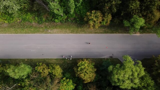 Man is running in the park on asphalt road along green trees filmed from above by drone. Athlete is working out on nature jogging on the alley. Staying strong and active. Doing sport for keeping fit