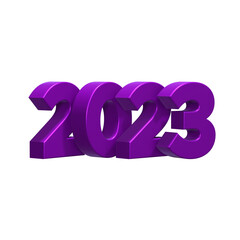 Inscription 2023. Volumetric purple plastic numbers on a transparent background. 3d render