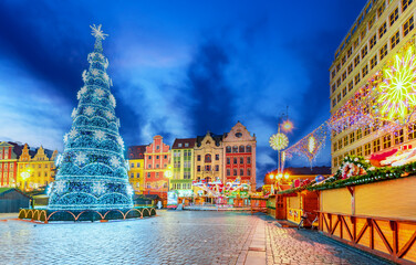 Wroclaw, Poland - Christmas Market in Ryenek old town square, medieval Breslau