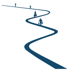 People with luggage are seen walking away on a winding path in an isolated illustration on a trasnsparent background.