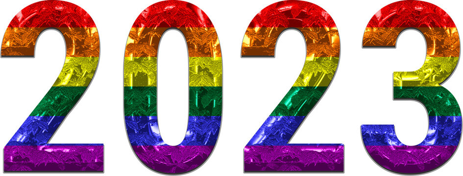 2023 number in LGTB 3d lettering. Rainbow flag lettering.