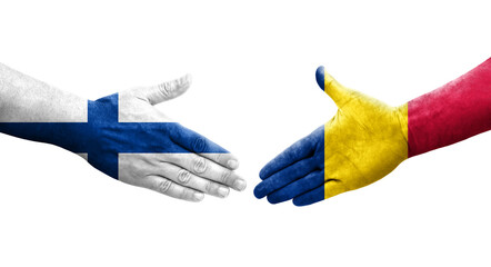 Handshake between Chad and Finland flags painted on hands, isolated transparent image.