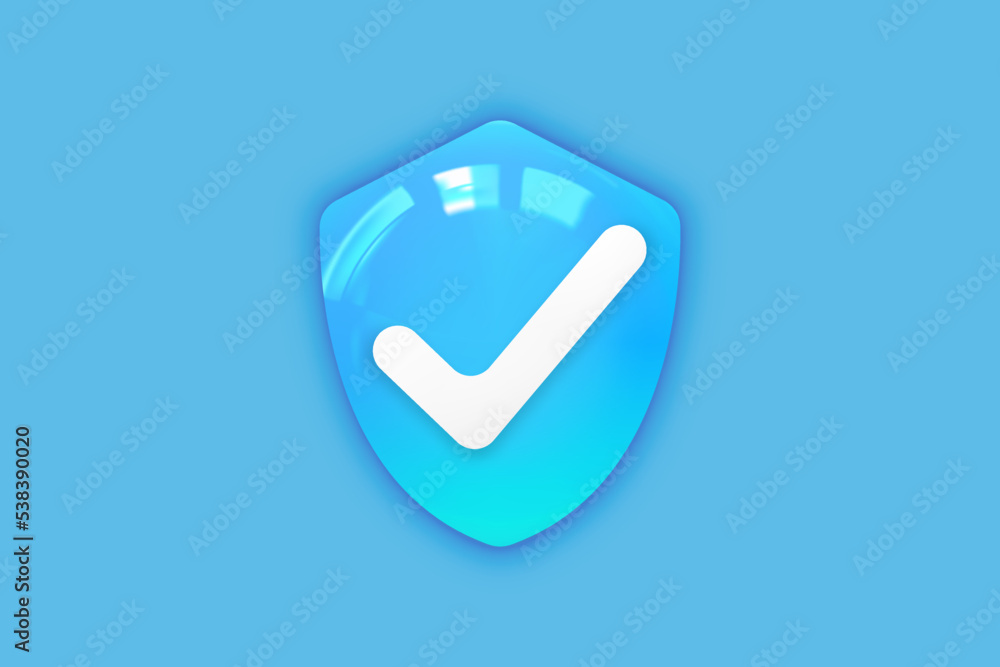 Poster 3d security safe icon. 3d shield protection icon with check for online payment on pastel background 