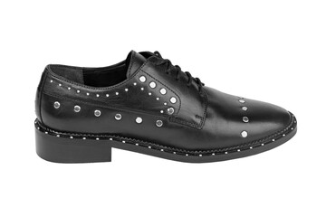 Women's leather boots close-up black color. Oxford style shoes. Casual shoes. File contains...