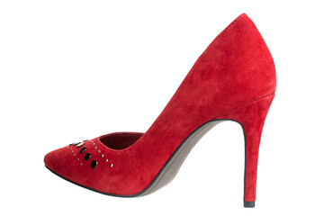 Obraz premium Red high heel women's shoe isolated in white background. Classic design, traditional silhouette. Symbol of unruly women, passion, elegance, beauty.