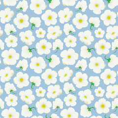 Nice white flowers. Strawberry flowers, strawberry flowers. Seamless floral pattern on a delicate blue background.