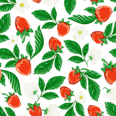 Juicy strawberries, flowers and fresh herbs. Seamless plant pattern. Red berries and white flowers.