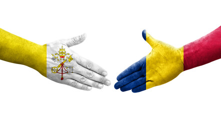 Handshake between Chad and Holy See flags painted on hands, isolated transparent image.
