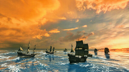 Fototapeta na wymiar Photorealistic 3D rendering. Beautiful ocean sunset with sailing ships.