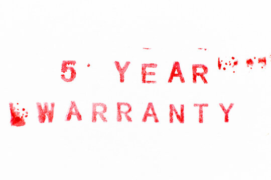 Red color ink rubber stamp in word 5 year warranty on white paper background