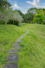 A green walkway path up in the hill