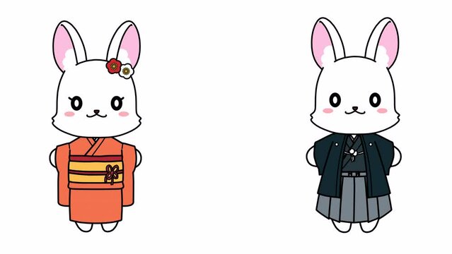 ループする口パクをする着物を着たウサギのアルファつきのアニメーション