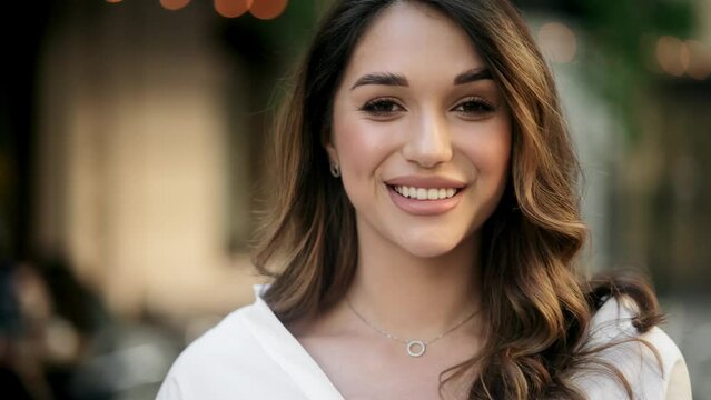 Closeup outdoors portrait of pretty caucasian lady with neutral makeup and healthy skin. Face of beautiful sexy smiling woman with long hair. Portrait of gorgeous girl looking to camera
