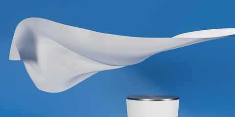 podium on white fabric flying wave. Luxury background for branding and product presentation. 3d rendering illustration.