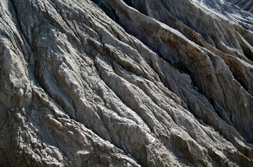 Coal texture. Coal canyon close-up. Brown mountain background. Rock layers close-up. Closeup of dark aged shabby cliff cracks, gray stone rock texture of mountains 