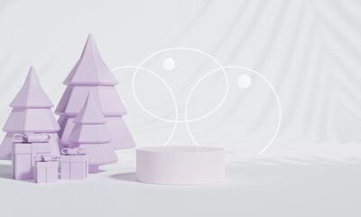 Christmas podium for branding and packaging presentation. Product display with gift boxes, Christmas showcase. Cosmetic and fashion. 3d rendering.