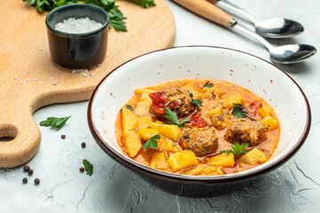 vegetable soup with stewed vegetables and meat, banner, menu, recipe place for text, top view