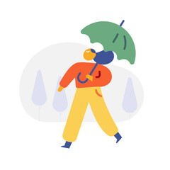 Autumn season. Fall, rain. People silhouette with umbrella flat vector