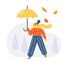 Autumn season. Fall, rain. People silhouette with umbrella flat vector