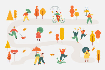 Autumn park. People silhouette with umbrellas flat vector illustration
