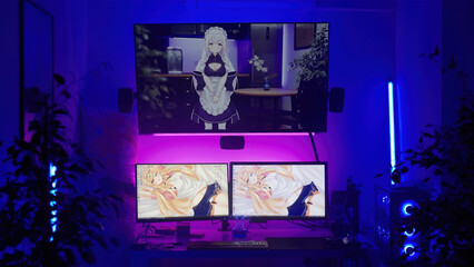 Anime otaku dream cyber room with big screen TV and RGB computer with cute anime girl