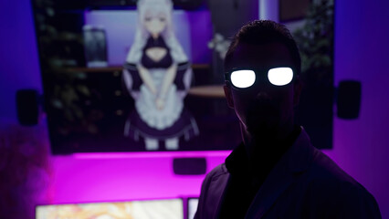 Anime nerd with glowing glasses watching cute anime girl on big television