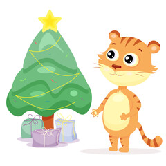 A cute tiger stands near a decorated Christmas tree
