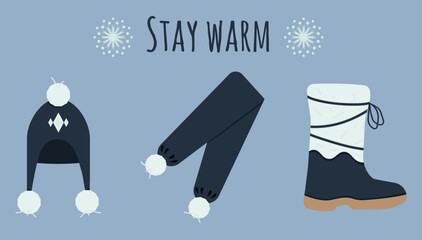 Stay warm illustration with hat, scarf, boot