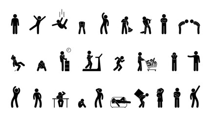 stick figure icon man, human silhouette, isolated pictograms, people on white, human postures and gestures