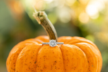 Engagement ring detail shot on an orange pumpkin with a beautiful blurred background. Low depth of field.