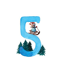 Digit 5 with a Christmas character for the winter calendar, postcards. Watercolor illustration.
