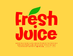 Vector creative logo Fresh Juice.  Playful Red Font. Modern Alphabet Letters and Numbers set