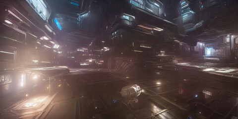 High tech science fiction space station exterior view. digital matte painting - obrazy, fototapety, plakaty