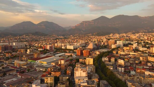 Drone footage of Tirana city during sunset