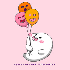 little ghost holding balloons. Cartoon vector art and illustration.