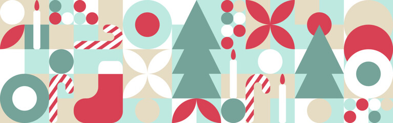 Geometric seamless pattern with winter patterns. New Year - trendy colored mosaic texture for textiles and wallpapers, Christmas symbols - Christmas tree, candles, stocking, candy cane, toys.